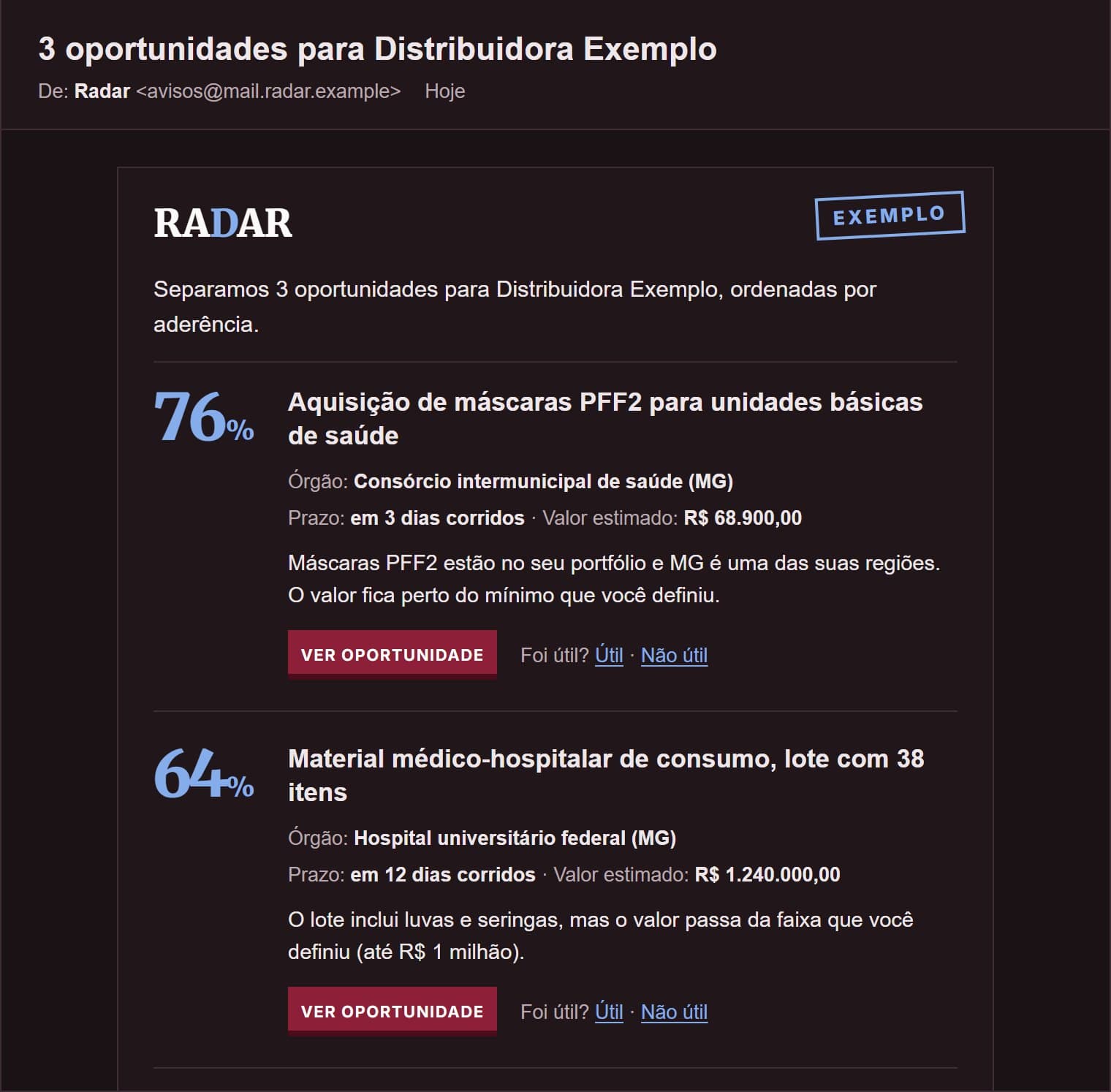 E-mail de exemplo do resumo diário: oportunidades com nota de aderência, órgão, prazo, valor e o motivo.