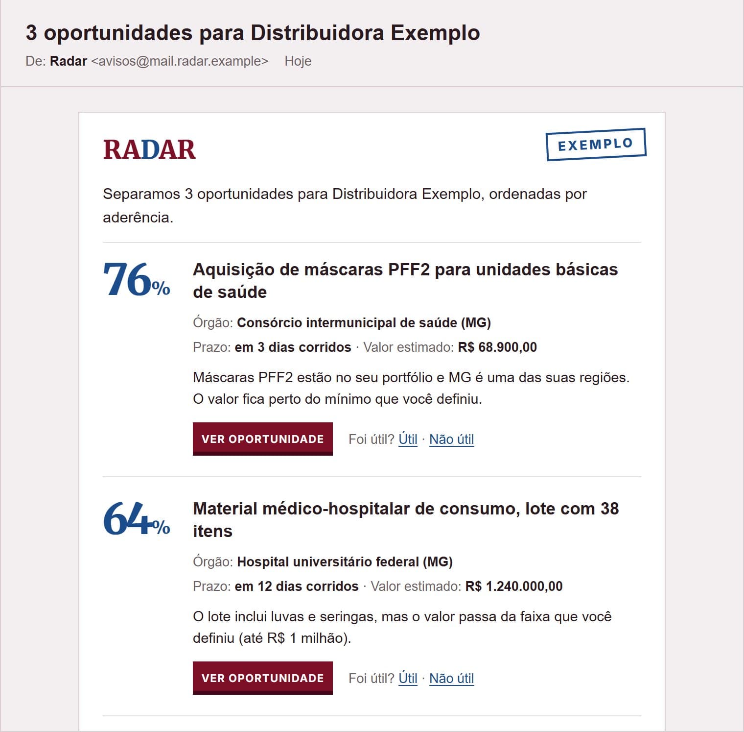 E-mail de exemplo do resumo diário: oportunidades com nota de aderência, órgão, prazo, valor e o motivo.